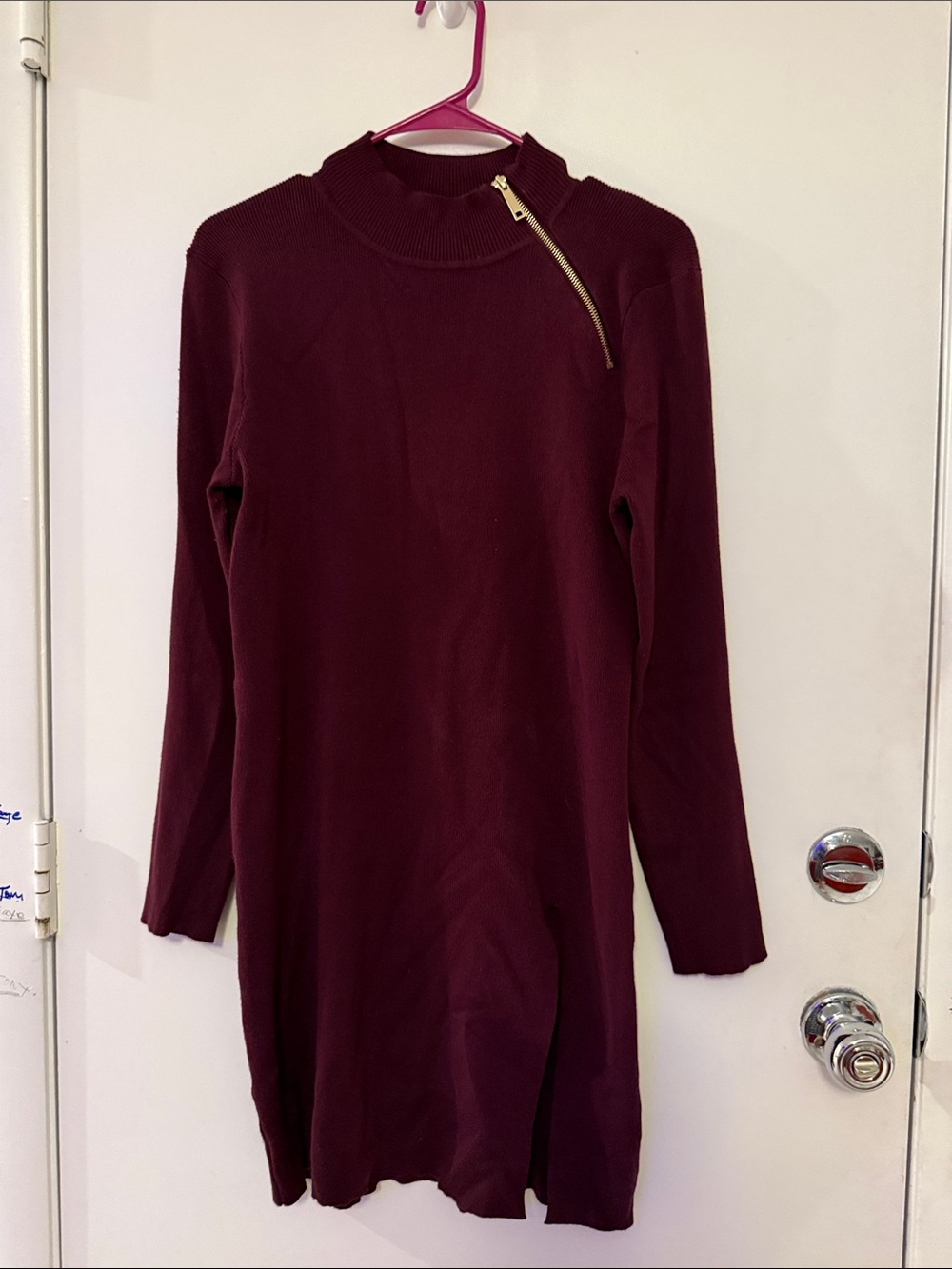 Cable & Gauge Burgundy Long Sleeve Mock Neck Sweater Dress with Diagonal Zip